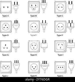 Steckdosen auf weißem Hintergrund mit verschiedenen Steckdosen Stock Vektor
