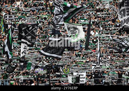 28. September 2024, Nordrhein-Westfalen, Mönchengladbach: Fußball: Bundesliga, Borussia Mönchengladbach – 1. FC Union Berlin, Spieltag 5, im Stadion im Borussia-Park winken Mönchengladbachs Fans ihre Fahnen. Foto: Federico Gambarini/dpa - WICHTIGER HINWEIS: Gemäß den Vorschriften der DFL Deutschen Fußball-Liga und des DFB Deutschen Fußball-Bundes ist es verboten, im Stadion und/oder im Spiel aufgenommene Fotografien in Form von sequenziellen Bildern und/oder videoähnlichen Fotoserien zu verwenden oder zu verwenden. Stockfoto