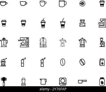 Symbole für Kaffeekonturen festgelegt. Vektorabbildungsbild Stock Vektor