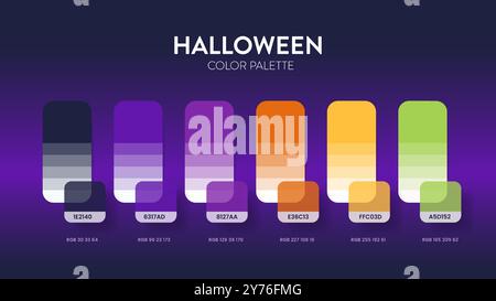 Farbpalette in den Halloween-Farbthemenkollektionen. Vorlage für Farbinspirierung oder Diagramm mit Codes. Farbkombination RGB. Farbfelder für Stock Vektor