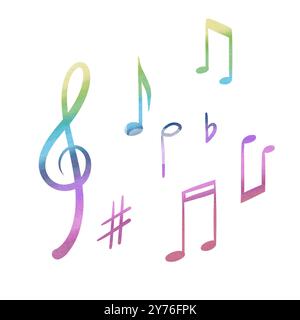 Regenbogenbunte Notizen und Treble-Schlüssel in flachem Stil Aquarellclip Art isoliert auf weißem Hintergrund für Poster, Karte, Einladung auf musikalischem Festival Stockfoto