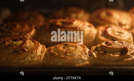 Brötchen mit Rosinen und Hüttenkäse, die im Ofen gebacken werden. Nahaufnahme von Lebensmitteln mit warmer Beleuchtung. Hausgemachtes Dessertzubereitungskonzept Stockfoto