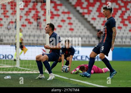 Tommaso Fumagalli von Cosenza feiert, nachdem er beim Spiel der italienischen Fußball-Serie B in Bari, Italien, am 28. September 2024 ein Tor geschossen hat Stockfoto