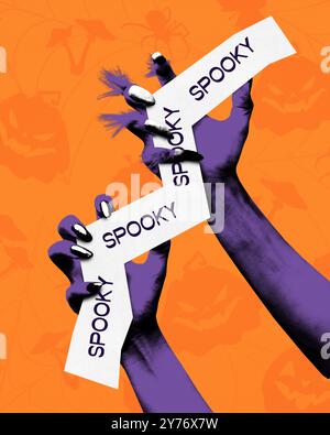 Lila Monsterhände mit langen Klauen, die Papier halten, mit gruseligen Worten über orangem Hintergrund. Förderung von Horrorveranstaltungen. Kreative Collage. Stockfoto