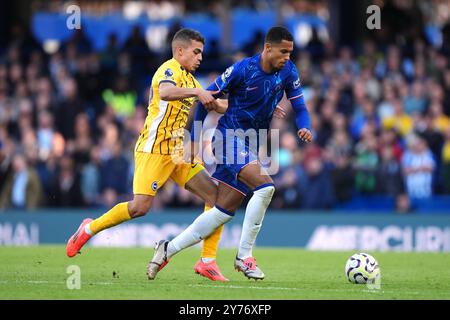 Chelsea's Levi Colwill (rechts) und Brighton und Hove Albions Yasin Ayari kämpfen um den Ball während des Premier League-Spiels in Stamford Bridge, London. Bilddatum: Samstag, 28. September 2024. Stockfoto