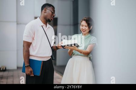 Multikulturelles Geschäftsteam diskutiert Ideen in einem Meeting im Freien Stockfoto