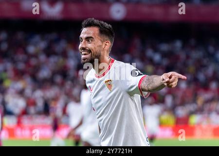 Sevilla, Spanien. September 2024. Suso Fernandez vom Sevilla FC geübt während des Spiels La Liga EA Sports 2024/2025 zwischen Sevilla FC und Real Valladolid im Ramon Sanchez Pizjuan Stadion. Endergebnis: Sevilla FC 2:1 Real Valladolid (Foto: Francis Gonzalez/SOPA Images/SIPA USA) Credit: SIPA USA/Alamy Live News Stockfoto