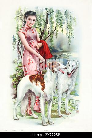 Asiatisches Pin-up - Geisha mit Windhund-Hunden - Poster (ca. 1930-1940er Jahre) Alte chinesische Modeplakate Stockfoto