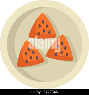 Minimalistische Illustration mit drei dreieckigen Wassermelonenscheiben, die ordentlich auf einer runden Platte angeordnet sind, isoliert auf weißem Hintergrund Stock Vektor
