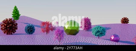 Abstrakte Landschaft mit farbenfrohen geometrischen Formen und Bäumen, die eine lebendige, surreale Szene schaffen. 3D-Rendering Stockfoto