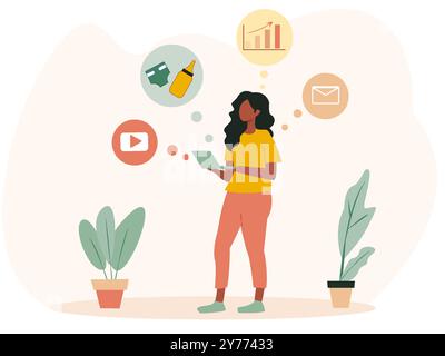 Frau, die mit einem Tablet steht, umgeben von Ikonen, die Geschäft, Mutterschaft und Online-Medien darstellen. Minimalistischer Stil mit hellem Hintergrund Stock Vektor
