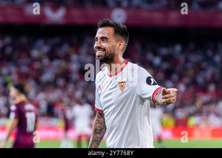 Sevilla, Spanien. September 2024. Suso Fernandez vom Sevilla FC geübt während des Spiels La Liga EA Sports 2024/2025 zwischen Sevilla FC und Real Valladolid im Ramon Sanchez Pizjuan Stadion. Endergebnis: Sevilla FC 2:1 Real Valladolid (Foto: Francis Gonzalez/SOPA Images/SIPA USA) Credit: SIPA USA/Alamy Live News Stockfoto