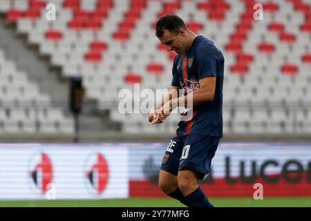 Tommaso Fumagalli von Cosenza feiert, nachdem er beim Spiel der italienischen Fußball-Serie B in Bari, Italien, am 28. September 2024 ein Tor geschossen hat Stockfoto