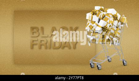 Einkaufswagen gefüllt mit goldenen und weißen Geschenkboxen, die mit Bändern verziert sind, isoliert auf glitzerndem goldenen Hintergrund mit Text geschrieben. Banner für sal Stockfoto