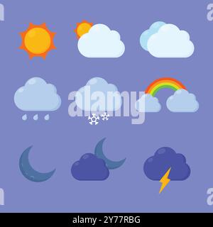 Wettersymbole eingestellt. Vektor der Symbole für die Wettervorhersage. Illustrationen zu den Jahreszeiten Stock Vektor