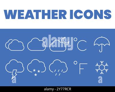 Wettersymbole eingestellt. Vektor der Symbole für die Wettervorhersage. Illustrationen zu den Jahreszeiten Stock Vektor