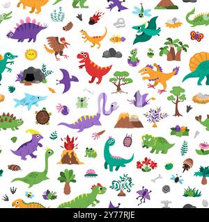 Nahtloses Vektor-Dinosaurier-Muster. Niedlicher Hintergrund für prähistorische Tierwiederholung. Dino Digitalpapier mit Pterodactyl, Stegosaurus, Tyrannosaurus, Tricerat Stock Vektor
