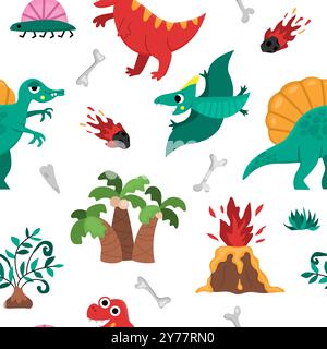Nahtloses Vektor-Dinosaurier-Muster. Niedlicher Hintergrund für prähistorische Tierwiederholung. Dino Digitalpapier mit Pterodactyl, Tyrannosaurus, T-Rex, Vulkan, Knochen Stock Vektor