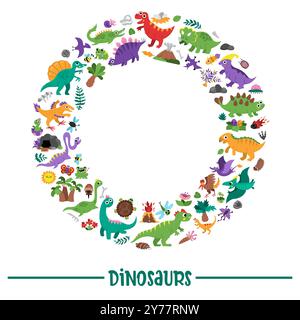 Vektor Dinosaurier Rundkranzrahmen mit Pterodactyl, Stegosaurus, Tyrannosaurus, Triceratops, T-Rex. Prähistorische Tierkartenvorlage für banne Stock Vektor