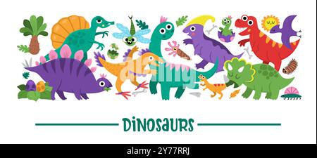 Vektor horizontale Dinosaurier-Grenze gesetzt. Prähistorische Kartenvorlage mit Dino-Zeichen. Niedliche, antike Tiere grenzt an Stegosaurus, Tyrannosau Stock Vektor