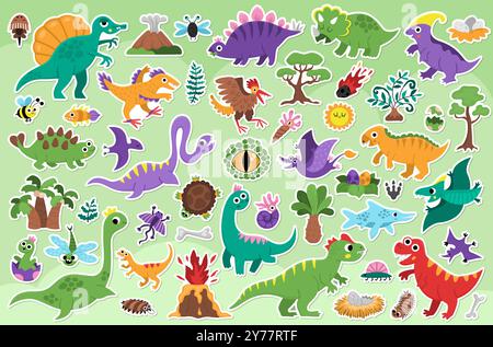 Vektor-Dinosaurier-Aufkleber-Pack. Niedliche Sammlung prähistorischer Tierfiguren. Dino Illustrationen mit Pterodactyl, Stegosaurus, Tyrannosaurus, Triceratops, Stock Vektor