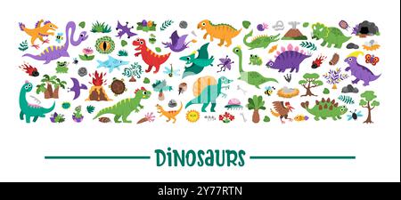 Vektor-Dinosaurier horizontal Set mit Pterodactyl, Stegosaurus, Tyrannosaurus, Triceratops, T-Rex. Prähistorische Tierkartenvorlage oder Rahmendesign für Stock Vektor