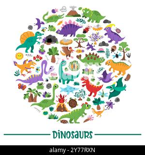 Vektor-Dinosaurier-Rundrahmen mit Pterodactyl, Stegosaurus, Tyrannosaurus, Triceratops, T-Rex. Prähistorische Tierkartenvorlage für Banner, Invi Stock Vektor
