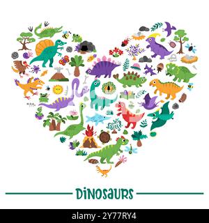 Vektor-Dinosaurier-herzförmiger Rahmen mit Pterodactyl, Stegosaurus, Tyrannosaurus, Triceratops, T-Rex. Prähistorische Tierkartenvorlage für banne Stock Vektor