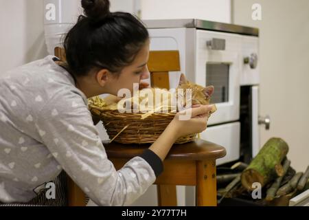 Mädchen streichelt süße Ingwerkatze, die im Korb schläft. Flauschiges Haustier macht ein Nickerchen vor Vergnügen. Konzept über Haustiere und Liebe für sie Stockfoto