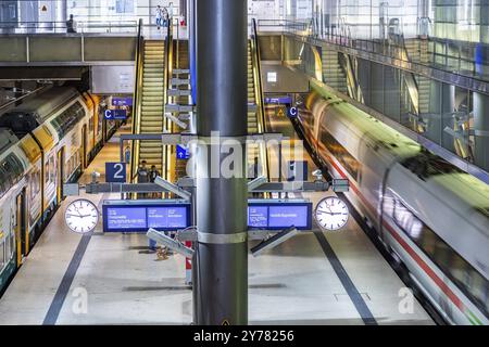 Bahnsteig am Bahnhof Gesundbrunnen mit einem ICE-Zug, der durchfährt: Warnschild. Berlin, Deutschland, Europa Stockfoto