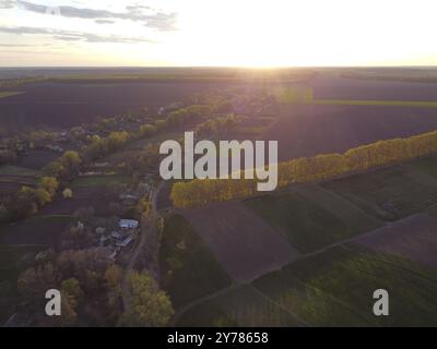 Waldstreifen zwischen Feldern und kleinen Parzellen mit Ernten in der Schlucht, Abend über dem Dorf Stockfoto