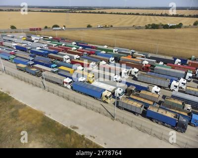 Eine lange LKW-Schlange im Hafenterminal. LKWs warten, um das Getreide zu entladen Stockfoto