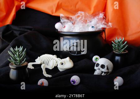 Halloween-Schädel, Froschskelett, Augenbälle und Kaktuspflanzen vor schwarzem Hexenkessel. Mexikanische Feiertagsdekoration Día de los Muertos. Stockfoto