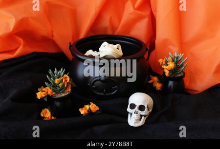 Totes Froschskelett, das versucht, aus dem Hexenkessel zu springen. Halloween-Dekoration mit winzigem Schädel, saftigen Pflanzen und orangen Blumen. Stockfoto