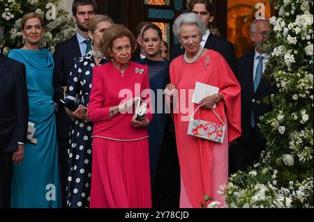 Königliche Hochzeit von Prinzessin Theodora von Griechenland und Matthew Kumar in Athen, der ehemaligen Königin Sofia von Spanien und Prinzessin Benedikte von Dänemark in der Metropolitan Cathedral von Athen nach der Hochzeit von Prinzessin Theodora von Griechenland mit Matthew Kumar. Athen Griechenland Copyright: XNicolasxKoutsokostasxNicolasxKoutsokostasx DSC 202409282475 Stockfoto