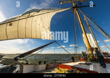 Segelschiff „Weisse Düne“ unter dem Kommando von Kapitän Jane Bothe. Ankerstraße, Am Peenestrom, Mecklenburg-Vorpommern, Deutschland Stockfoto