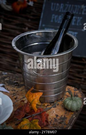 Rustikaler Herbsttisch mit einer gekühlten Weinflasche in einem Metalleimer, umgeben von farbenfrohen Herbstblättern und kleinen dekorativen Kürbissen, EV Stockfoto