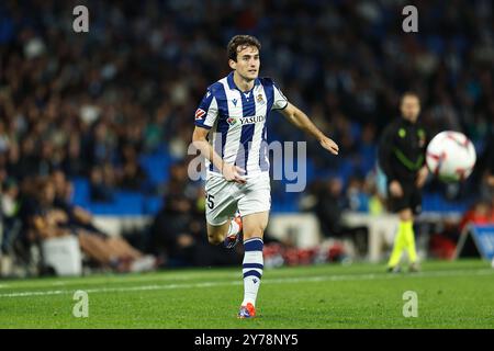 San Sebastian, Spanien. September 2024. Jon Magunazelaia (Sociedad) Fußball/Fußball : spanisches Spiel "LaLiga EA Sports" zwischen Real Sociedad 3-0 Valencia CF in der reale Arena in San Sebastian, Spanien. Quelle: Mutsu Kawamori/AFLO/Alamy Live News Stockfoto