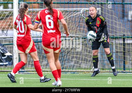 Torhüterin Lise Musique (32) von Standard, dargestellt während eines Frauenfußballspiels zwischen KVC Westerlo Ladies und Standard Femina am 5. Spieltag der Saison 2024 - 2025 der Belgischen Lotto Womens Super League am Samstag, den 28 . September 2024 in Westerlo , BELGIEN . FOTO SPORTPIX | Stijn Audooren Stockfoto