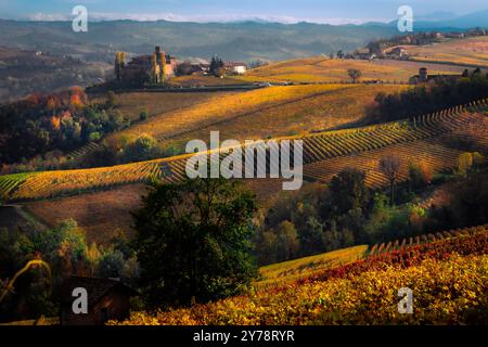Blick mit Ballon von der Terrasse von La Morra. Im Herd der farbenfrohen Weinberge im Herbst in der Langhe UNESCO. Stockfoto