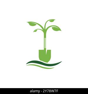 Landschaftslogo Vektorbaum Blätter und Schaufel. Logo für die Schaufel des Konzeptbaums. Symbol für Landschaftsgärtner. Gartendienstemblem. Firmensymbol für Landschaftsbau. Stock Vektor