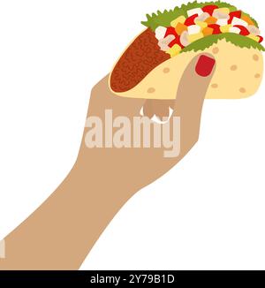Weibliche Hand halten Tacos traditionelles mexikanisches Fast Food in der Hand. Tacos Day Gruß Design-Element-Idee. Isolierte Vektor-Illustration Menükarten, Poster, Faltblätter, Banner, Broschüren, Preis, Etikett oder Web Stock Vektor