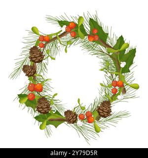 Kranz mit Fichtenzweigen, stechpalmen- und Mistelblättern, Tannenzapfen, roten und weißen Beeren Kopierraum Illustration digitales Aquarell zum Drucken und wir Stockfoto