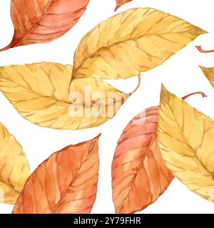 Nahtlose Textur. Herbstblätter mit Aquarellen auf einem isolierten Hintergrund. Blatt Herbst 2024, gelbe, rote Blätter zum Bedrucken auf Stoff, Papier, Stockfoto