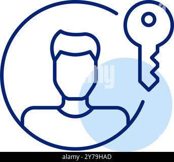 Bild des männlichen Benutzerprofils mit Schlüssel. Sichere Anmeldemethoden und Schutz personenbezogener Daten. Sicherer Kontozugriff. Pixelperfekter, bearbeitbarer Konturvektor Stock Vektor
