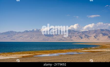 Farbenfrohe Landschaftsansicht des Seeufers von Karakul in großer Höhe und schneebedeckten Bergen im Hintergrund, Murghab, Gorno-Badakhshan, Tadschikistan Pamir Stockfoto