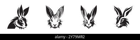 Schwarze Silhouetten von Kaninchenköpfen isoliert auf weißem Hintergrund. Konzept der Tierillustration, Kaninchen-Symbole, minimalistischer Stil, Bunny-Grafik. Drucken, Stock Vektor