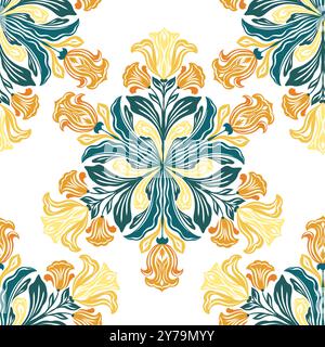 Vektor dekoratives Jugendstil nahtloses Muster mit Mandalas von Iris und Freesien. Tracery-Textur mit gelb blühenden Blüten. Blumenoberfläche Stock Vektor