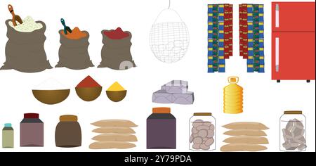 Gegenstände und Elemente im Lebensmittelgeschäft. Lebensmittel kaufen Produkte. Speisen und Getränke. Lebensmittel und Kühlschrank Vektor Illustration für Zeichentrickanimation isoliert Stock Vektor