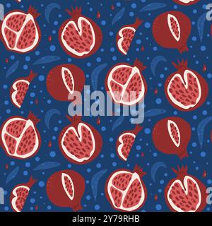 Nahtloses Granatäpfel-Muster. Verschiedene Früchte dunkel durchgehende Ornamente. Vektor handgezeichnet flache Illustration. Stock Vektor